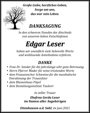 Traueranzeige von Edgar Leser von Thüringer Allgemeine, Thüringische Landeszeitung