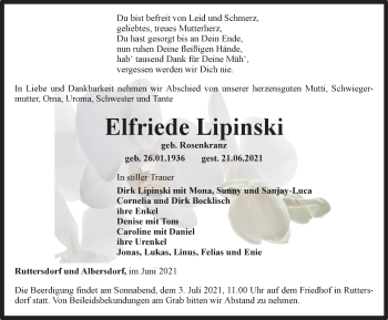 Traueranzeige von Elfriede Lipinski von Ostthüringer Zeitung