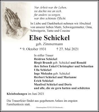 Traueranzeige von Else Schickel von Thüringer Allgemeine