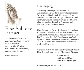 Traueranzeige von Else Schickel von Thüringer Allgemeine