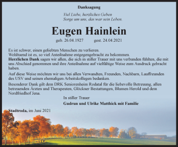 Traueranzeige von Eugen Hainlein von Ostthüringer Zeitung, Thüringische Landeszeitung