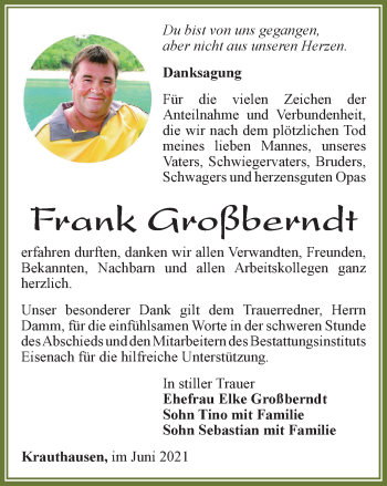 Traueranzeige von Frank Großberndt von Thüringer Allgemeine, Thüringische Landeszeitung