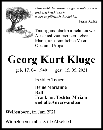 Traueranzeige von Georg Kurt Kluge von Ostthüringer Zeitung