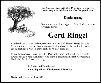 Traueranzeige von Gerd Ringel von Ostthüringer Zeitung