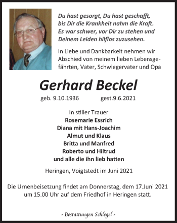 Traueranzeige von Gerhard Beckel von Thüringer Allgemeine