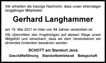 Traueranzeige von Gerhard Langhammer von Ostthüringer Zeitung, Thüringische Landeszeitung