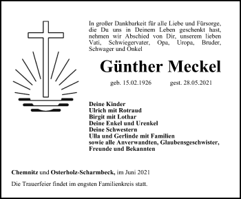 Traueranzeige von Günther Meckel von Ostthüringer Zeitung