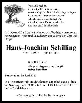 Traueranzeige von Hans-Joachim Schilling von Thüringer Allgemeine