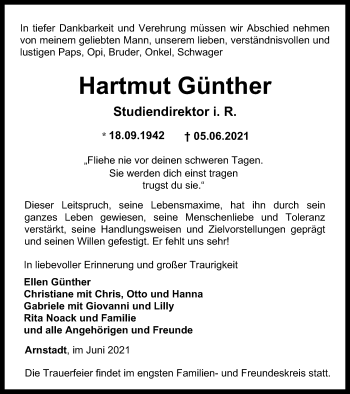 Traueranzeige von Hartmut Günther von Thüringer Allgemeine