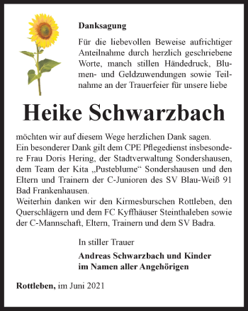 Traueranzeige von Heike Schwarzbach von Thüringer Allgemeine