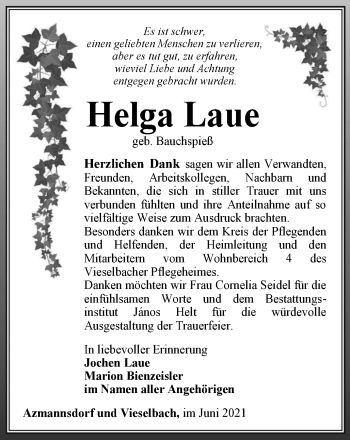 Traueranzeige von Helga Laue von Thüringer Allgemeine, Thüringische Landeszeitung