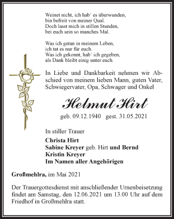 Traueranzeige von Helmut Hirt von Thüringer Allgemeine, Thüringische Landeszeitung