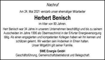 Traueranzeige von Herbert Benisch von Thüringer Allgemeine, Thüringische Landeszeitung