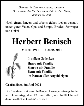 Traueranzeige von Herbert Benisch von Thüringer Allgemeine, Thüringische Landeszeitung