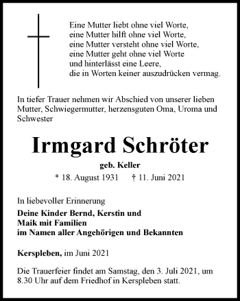 Traueranzeige von Irmgard Schröter von Thüringer Allgemeine, Thüringische Landeszeitung