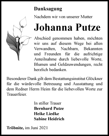 Traueranzeige von Johanna Putze von Ostthüringer Zeitung