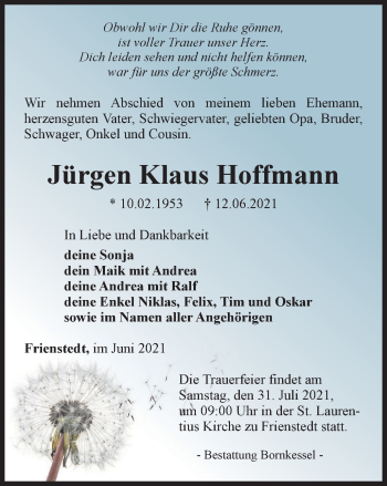 Traueranzeige von Jürgen Klaus Hoffmann von Thüringer Allgemeine, Thüringische Landeszeitung