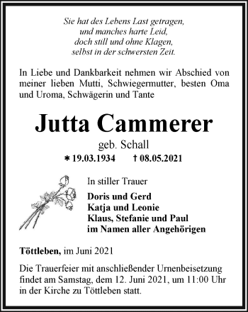 Traueranzeige von Jutta Cammerer von Thüringer Allgemeine, Thüringische Landeszeitung