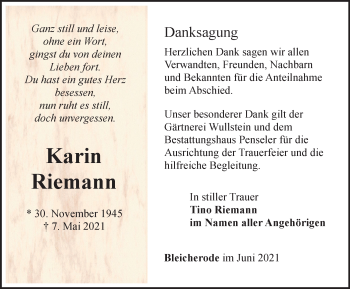 Traueranzeige von Karin Riemann von Thüringer Allgemeine