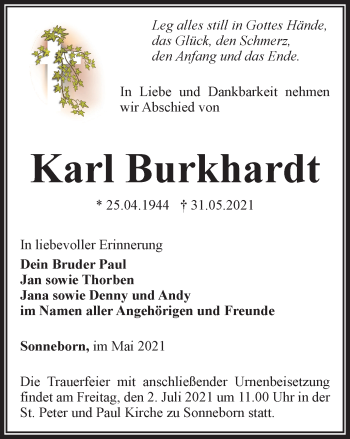 Traueranzeige von Karl Burkhardt von Thüringer Allgemeine, Thüringische Landeszeitung