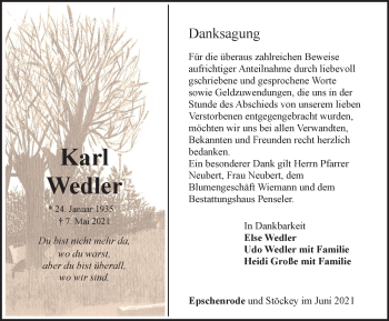 Traueranzeige von Karl Wedler von Thüringer Allgemeine
