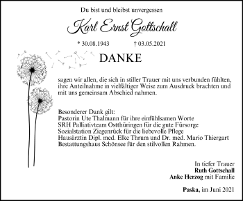 Traueranzeige von Karl Ernst Gottschall von Ostthüringer Zeitung