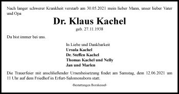 Traueranzeige von Klaus Kachel von Thüringer Allgemeine, Thüringische Landeszeitung
