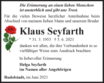 Traueranzeige von Klaus Seyfarth von Ostthüringer Zeitung