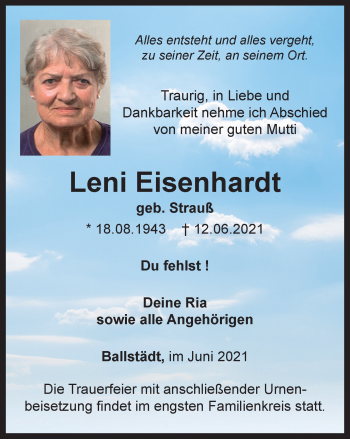 Traueranzeige von Leni Eisenhardt von Thüringer Allgemeine, Thüringische Landeszeitung