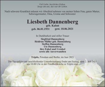 Traueranzeige von Liesbeth Dannenberg