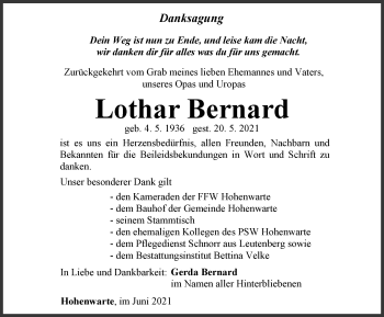 Traueranzeige von Lothar Bernard von Ostthüringer Zeitung