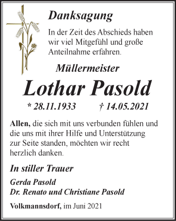 Traueranzeige von Lothar Pasold von Ostthüringer Zeitung