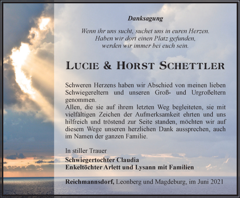  Traueranzeige für Lucie und Horst Schettler vom 19.06.2021 aus Ostthüringer Zeitung