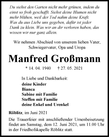 Traueranzeige von Manfred Großmann von Ostthüringer Zeitung