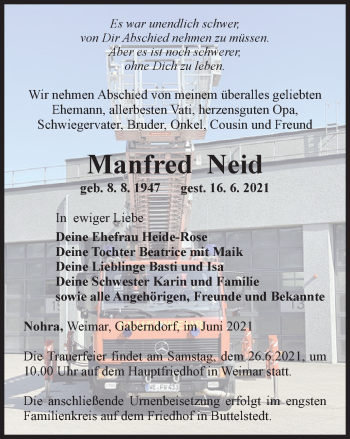 Traueranzeige von Manfred Neid von Thüringer Allgemeine, Thüringische Landeszeitung