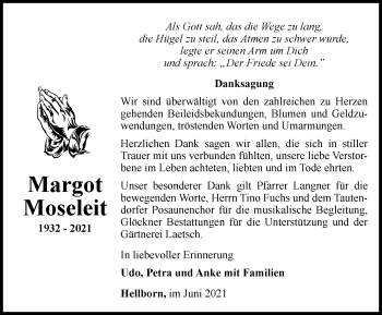 Traueranzeige von Margot Moseleit von Ostthüringer Zeitung
