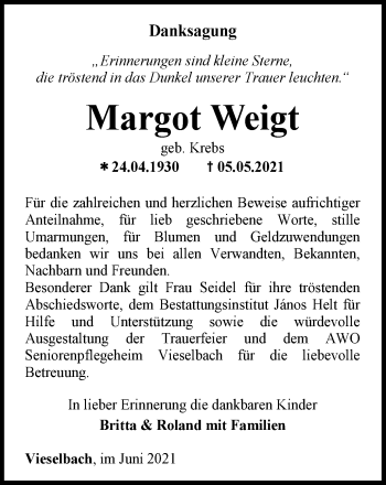 Traueranzeige von Margot Weigt von Thüringer Allgemeine, Thüringische Landeszeitung