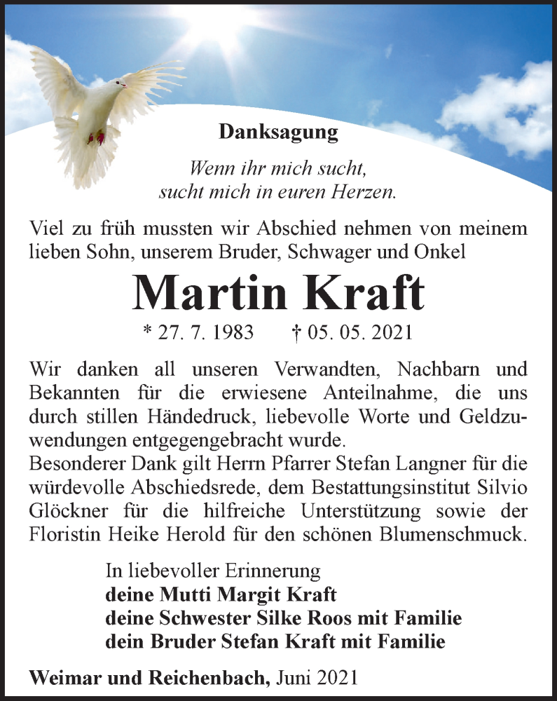  Traueranzeige für Martin Kraft vom 12.06.2021 aus Ostthüringer Zeitung