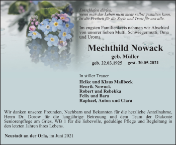 Traueranzeige von Mechthild Nowack