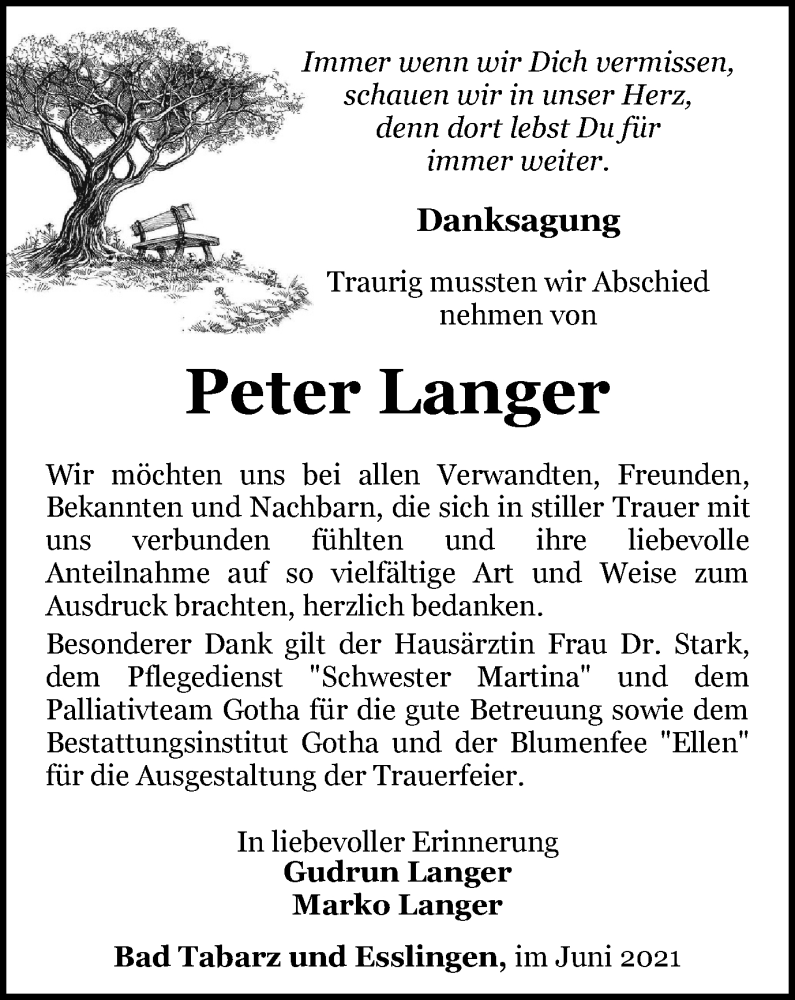  Traueranzeige für Peter Langer vom 12.06.2021 aus Thüringer Allgemeine, Thüringische Landeszeitung