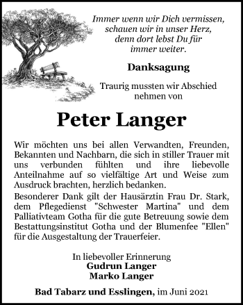 Traueranzeige von Peter Langer von Thüringer Allgemeine, Thüringische Landeszeitung