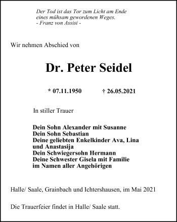 Traueranzeige von Peter Seidel von Thüringer Allgemeine