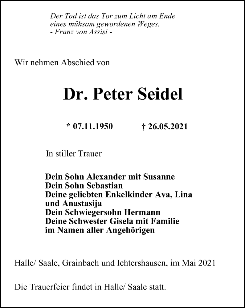  Traueranzeige für Peter Seidel vom 12.06.2021 aus Thüringer Allgemeine