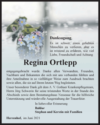 Traueranzeige von Regina Ortlepp von Thüringer Allgemeine, Thüringische Landeszeitung