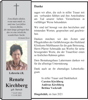 Traueranzeige von Renate Kirchberg von Thüringer Allgemeine