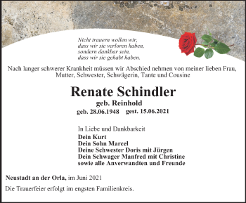 Traueranzeige von Renate Schindler