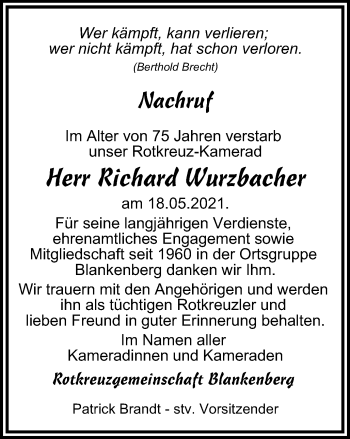 Traueranzeige von Richard Wurzbacher von Ostthüringer Zeitung
