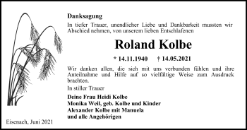 Traueranzeige von Roland Kolbe von Thüringer Allgemeine, Thüringische Landeszeitung