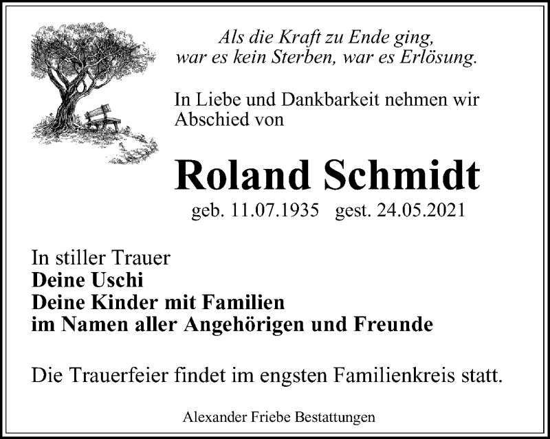  Traueranzeige für Roland Schmidt vom 05.06.2021 aus Thüringer Allgemeine, Thüringische Landeszeitung