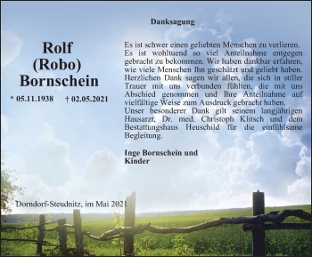 Traueranzeige von Rolf Bornschein von Ostthüringer Zeitung, Thüringische Landeszeitung